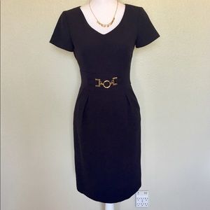 Tahari ASL Navy Blue Dress with Gold Embellishment